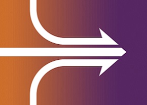 White compound arrow consisting of three ways on blue background. Teamwork, development and merging concept. Flat design. Vector illustration. EPS 8, no transparency